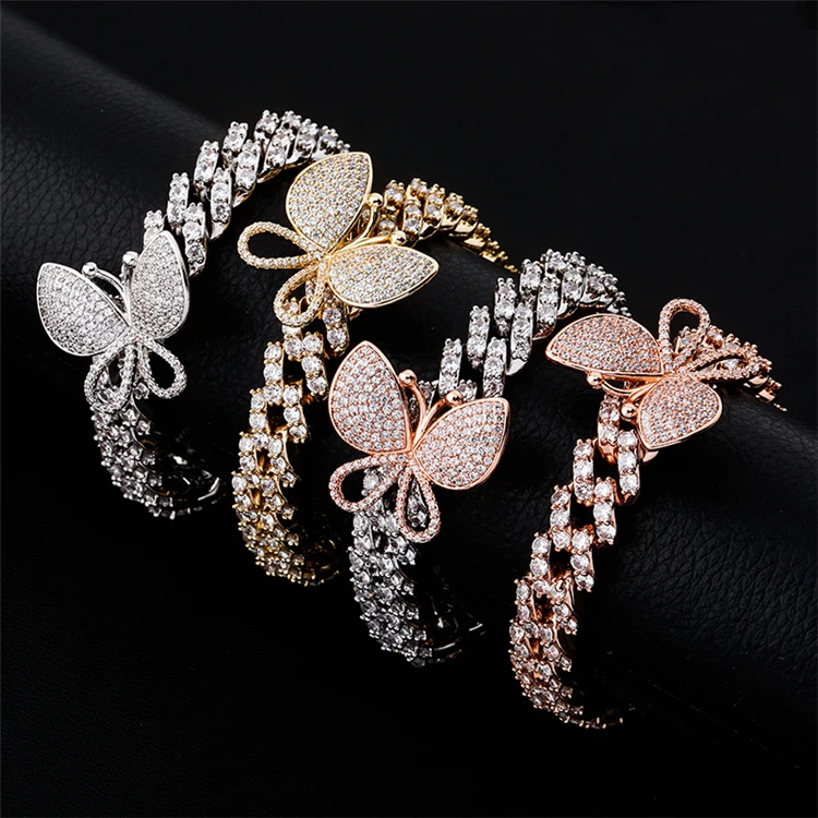 

12MM 18K Gold Plated Zircon Cuban Link Chain Diamond Jewelry Butterfly Bracelet Cuban Chain Women, Gold/pink silver