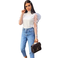 

2019 New Autumn Puff Sleeve Mesh Transparent Patchwork Women Blouse