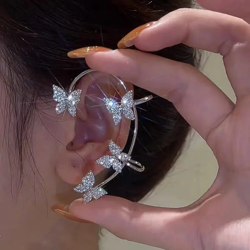 

Gold Plated Ear Bone Clip No Piercing Women Sweet Exquisite Sparkling Zircon Butterfly Tassel Ear Cuff Clip Earring Jewelry, As picture