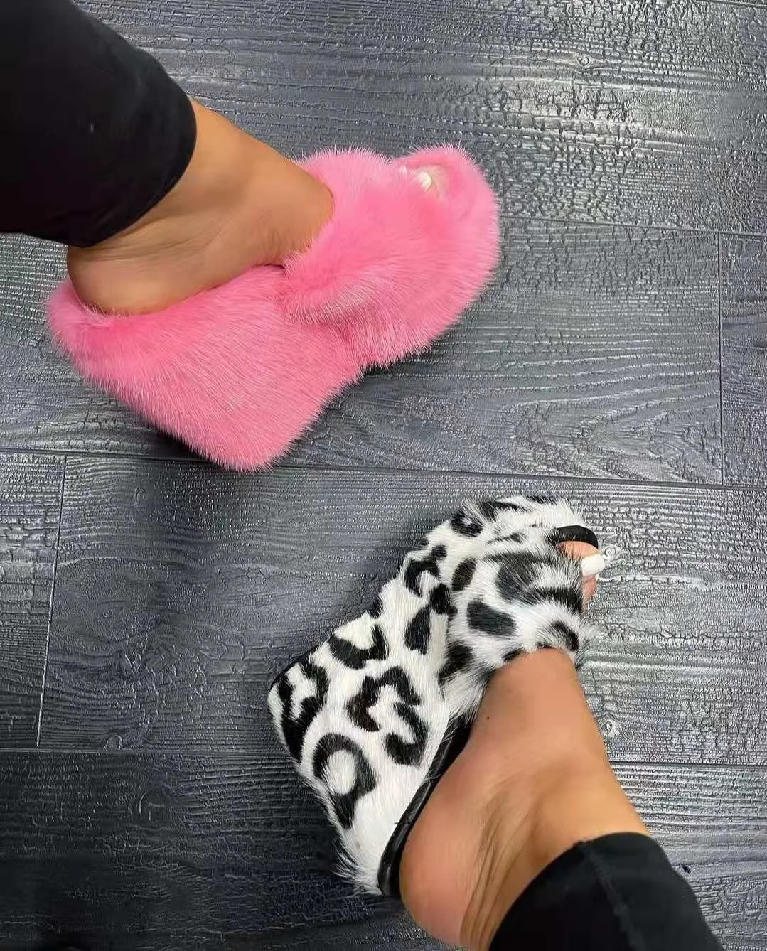 

Leslides New Arrival Ladies Sexy High Heels Luxury Ladies Mink Slippers Fur Platform Mules High Quality Wedge Slippers for Women, Black white green blue yellow blue pink