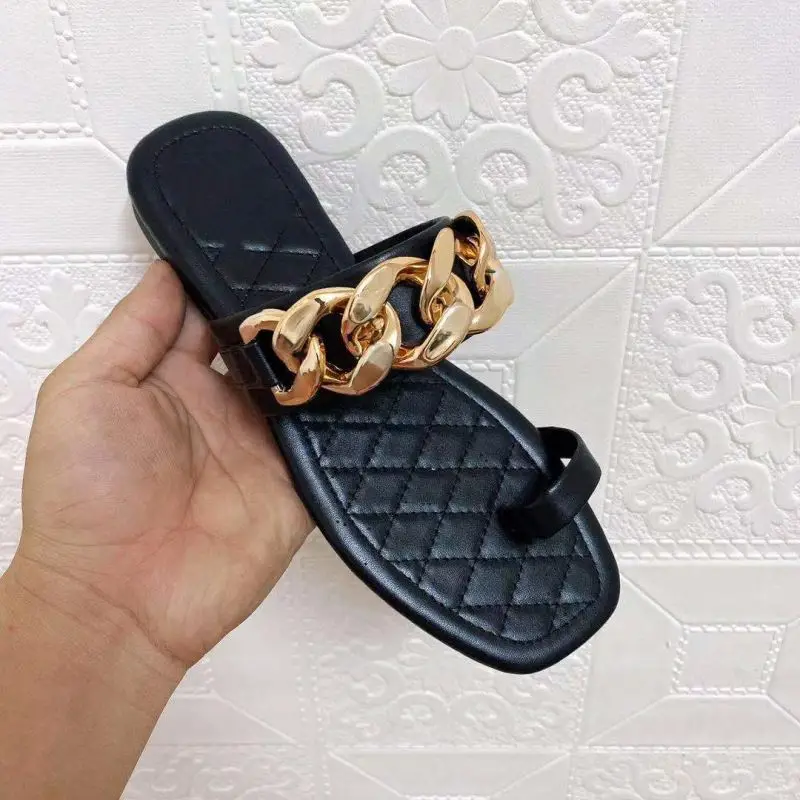

2021 European&American new arrival women's shoes simple temperament flat bottom chain fashion outdoor casual slippers, Three colors or customized