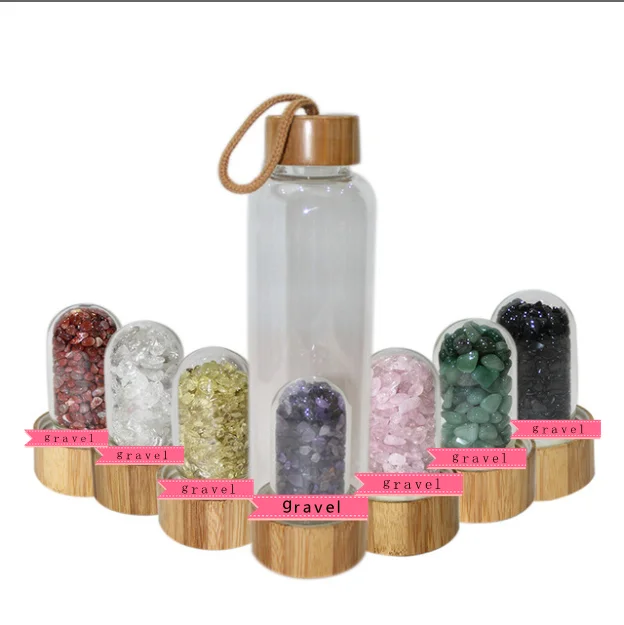 

wholesale natural Bamboo lid gravel healing crystal water bottle crystal infused water bottle, Picture