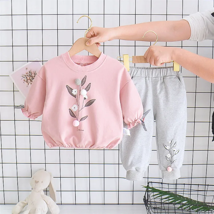 

1-4 Yrs Kids Clothing Girl Sets Tight Sleeve Floral Top+Sweatpants 2Pcs Spring Baby Girl Clothes Outfit Children Fall Clothes, Pink