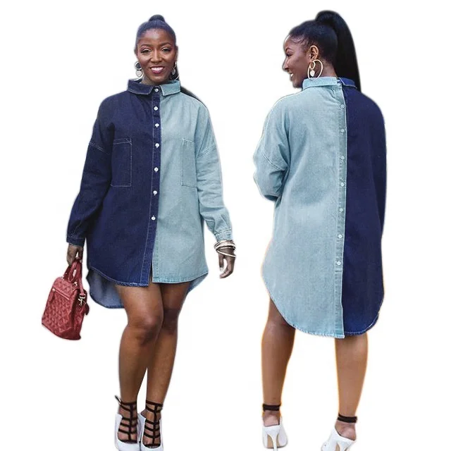 

B61992A New autumn 2019 European and American sexy fashion long-sleeved women's denim jacket half color split shirt