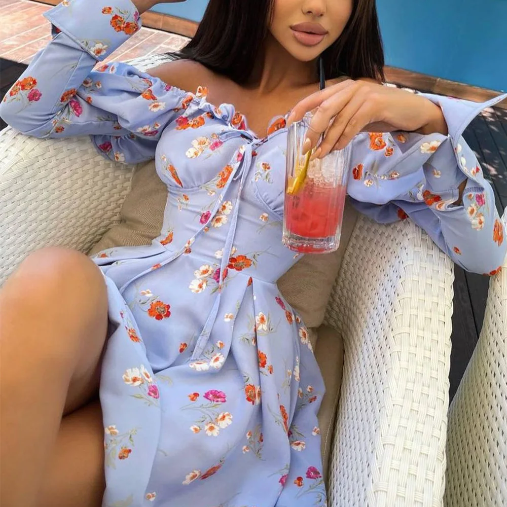 

Off Shoulder Solid Color Long Sleeve Dress Women Ruffle Lace Up Mini Dresses