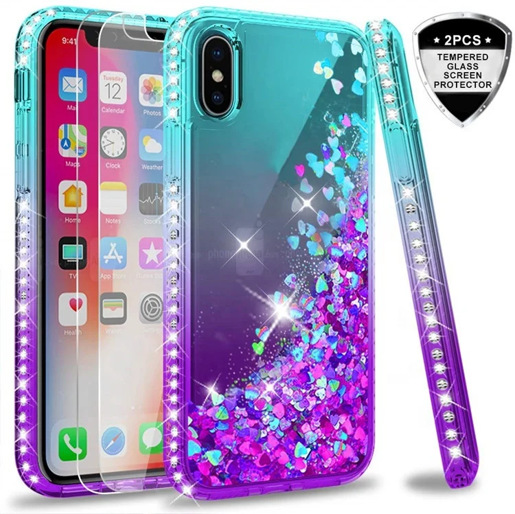 

LeYi wholesale Girl 3d Glitter Liquid Silicone Phone Case For Iphone X Case with Tempered Glass Screen Protector [2 pack], Teal purple,purple blue,pink purple