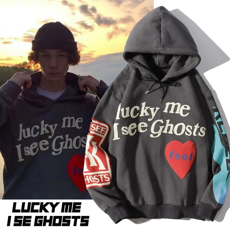

kanye west hoodie Hip Hop Streetwear Lucky Me I See Ghost LOVE Blister Printing Couple plus size men's hoodies & sweatshirts, As pics