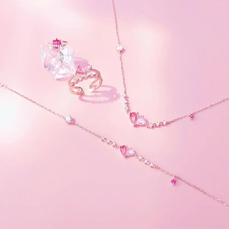 

Lovely Pink Heart 925 Silver jewelry Sets for Maiden