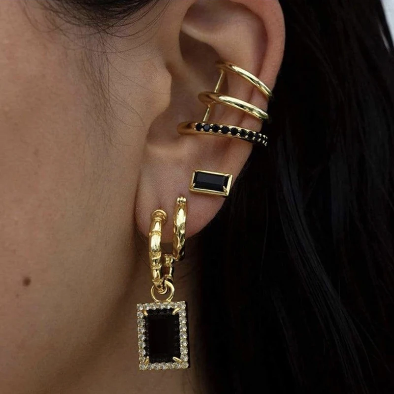 

Brass 18K Gold Plated Rectangle Imitation Black Agate Diamond Hoop Earrings Women