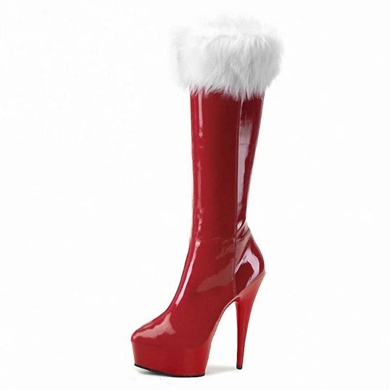 

Christmas red straight boots Santa Claus fur high boots 15 cm super high heel knee-length boots, Picture