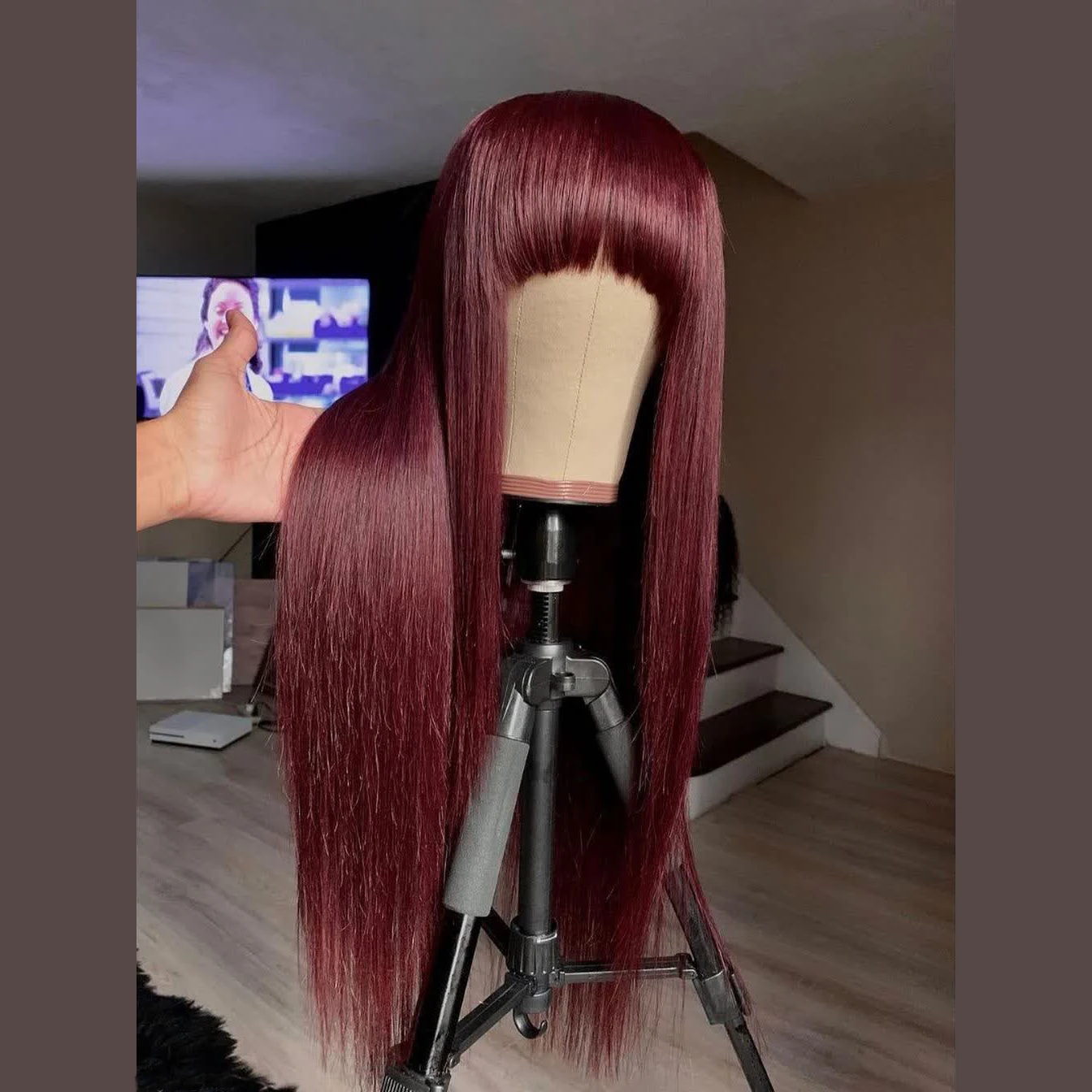 

Burgundy Color Machine Made Brazilian Virgin Wigs With Bangs Human Hair No Lace Straight Wigs With Baby Hair