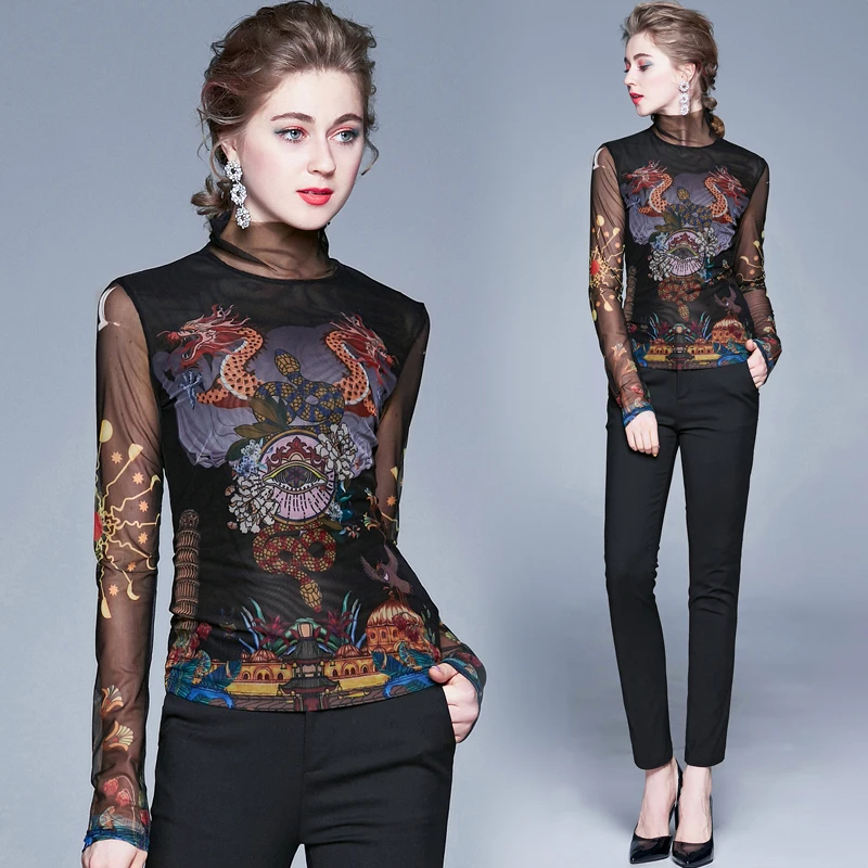 

In stock 2021 spring custom design latest fashion elegant high neck mesh retro vintage 3d floral long sleeve t shirt women, Black