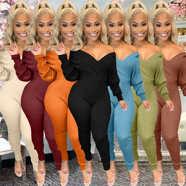 

Fashion V Neck Sexy Ladies One Piece Rompers Ribbed Knitted Off Shoulder Autumn Women Bodycon Jumpsuits, Picture