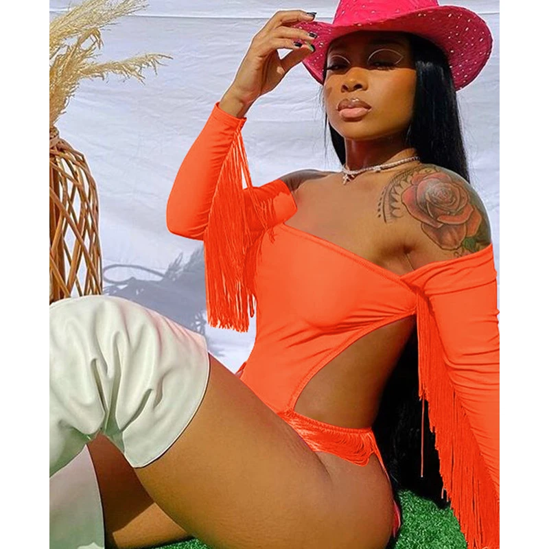 

2021 new arrival fringe long sleeve swimwear beach one-piece swimsuit hot style bikini women's solid color one-way neck monokini