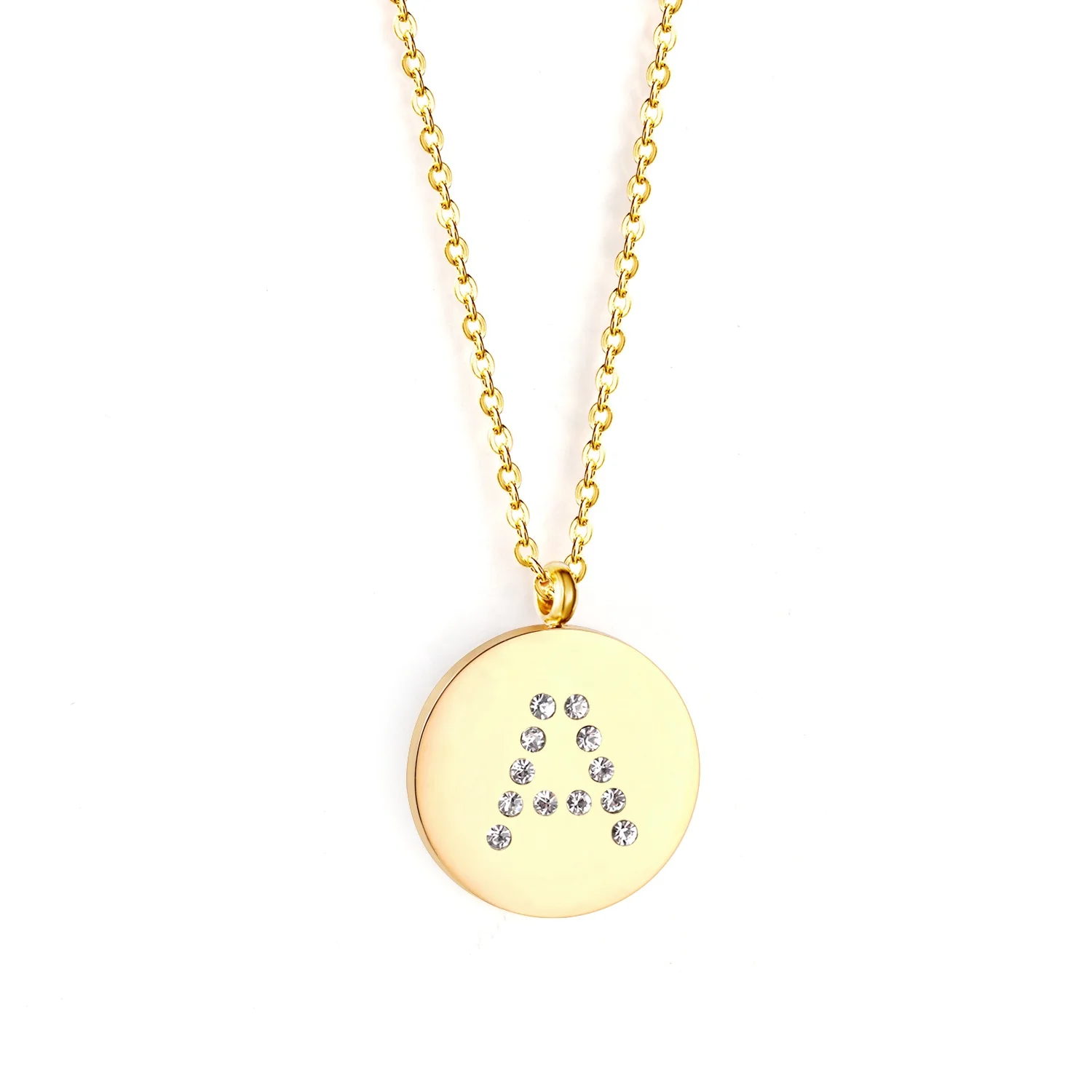 

Wholesale Fast Delivery Gold Plating Stainless Steel Zircon Letter Coin Necklace, Gold/silver available