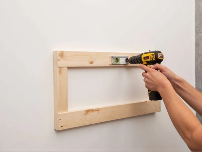 Hand mounting wooden towel rack to bathroom wall with level and drill