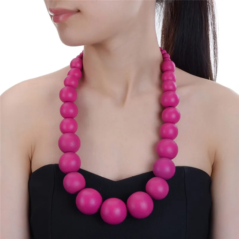 

Hawaii Styles Bohemian Big Beads Chokers Necklace Jewelry African Statement Necklace Long Wooden Beaded Necklace Women, Multicolor, rose red