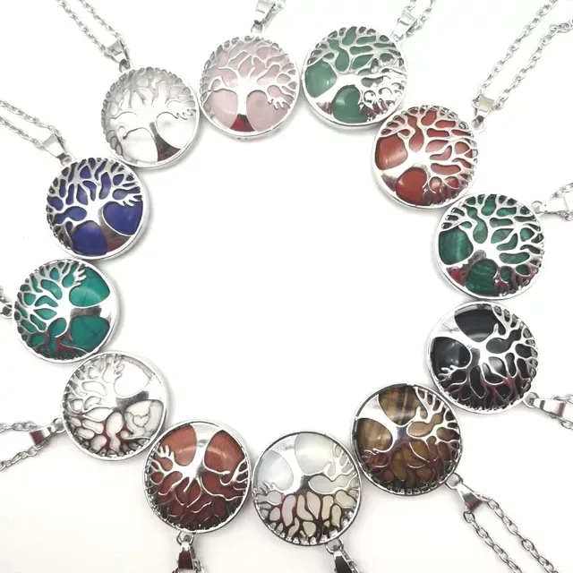 Natural Stone Tree of Life Pendant Alloy Tree of Life Necklace with Gemstone Pendant