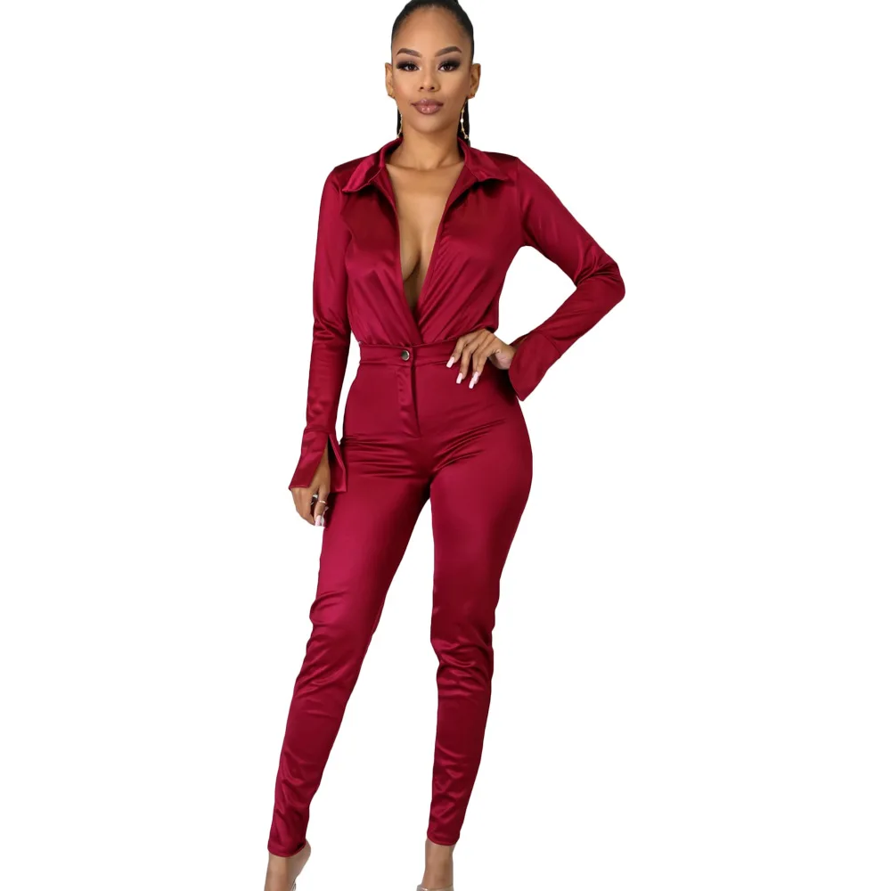 

Fashion shirt top 2 piece set trendy deep v design women clothing stretch satin two piece pants set