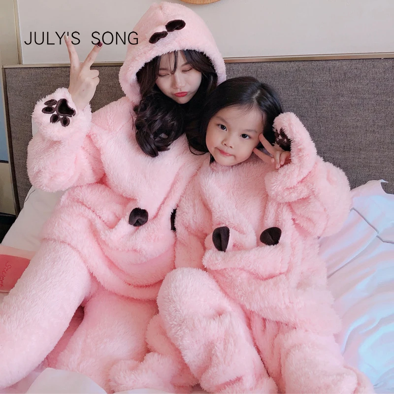

JULY'S SONG Flannel Sleepwear Homewear Winter Thick Warm Long Sleeve Women's Girl's Pajamas Casual Hooded Pajama Suit Loungewear, Pink brown