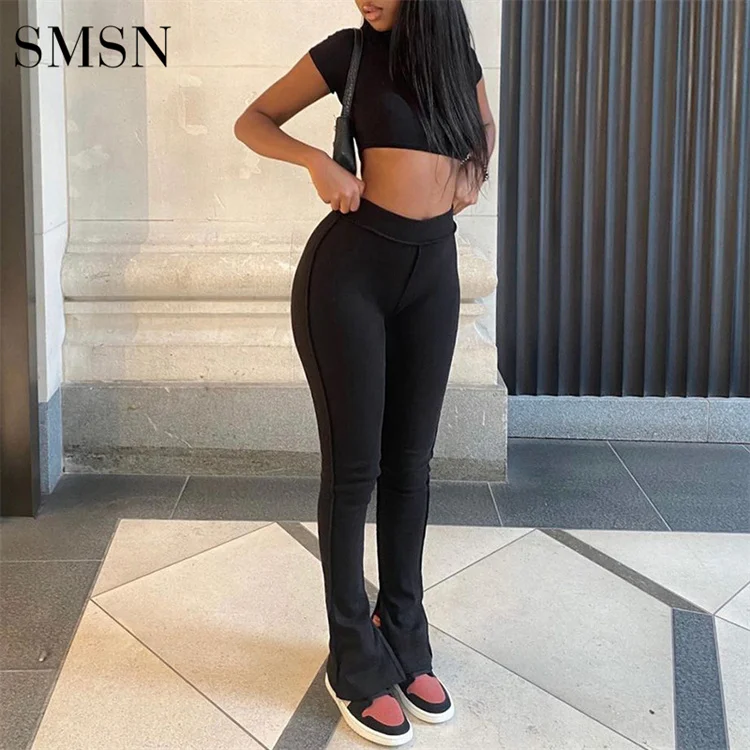 

2022 Spring Clothing Crop Top 2 Piece Set Crew Collar Short Sleeve T Shirt High Waist Black Two Piece Pants Set