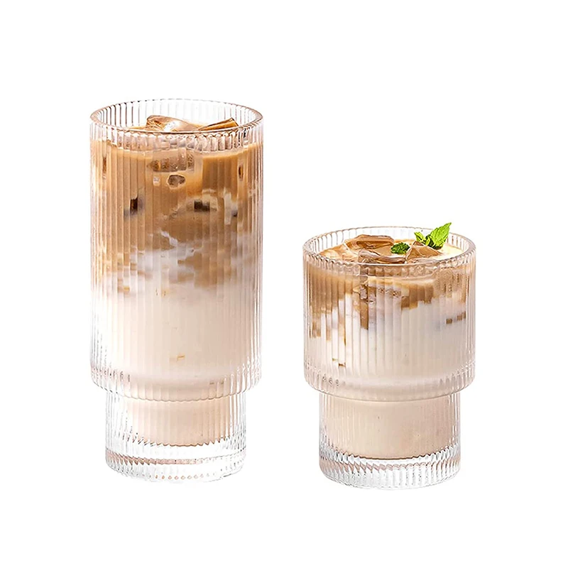 

Vintage Glass Drinking Ware Origami Style Transparent Cocktail Glasses Ribbed Vertical Stripe Glass Tea Beer Milk Juice Cups, Transparent clear