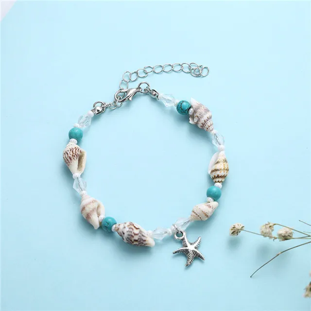 

Bohemian Beach Jewelry for Women Natural Starfish Conch Shell Turquoise Beaded Anklet, Silver