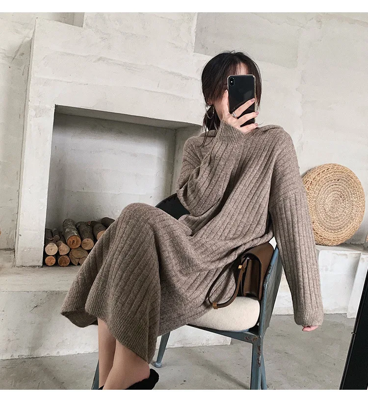 

Factory wholesale winter thick mid-length dress knitted sweater hooded long skirt