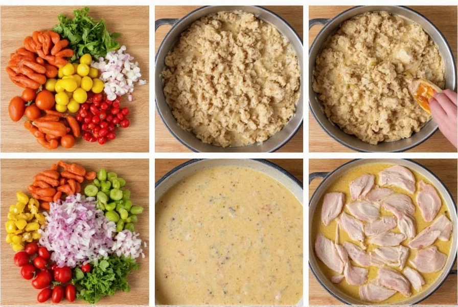 Step-by-step preparation of creamy chicken chili with fresh ingredients arranged on wooden table