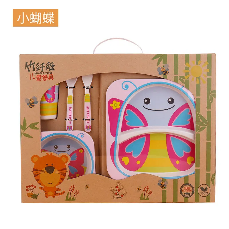 

New Bowl Dish & Plate Set Home Supplies Bamboo Fiber Children's Tableware Set Plate Bowl Spoon Fork Cup