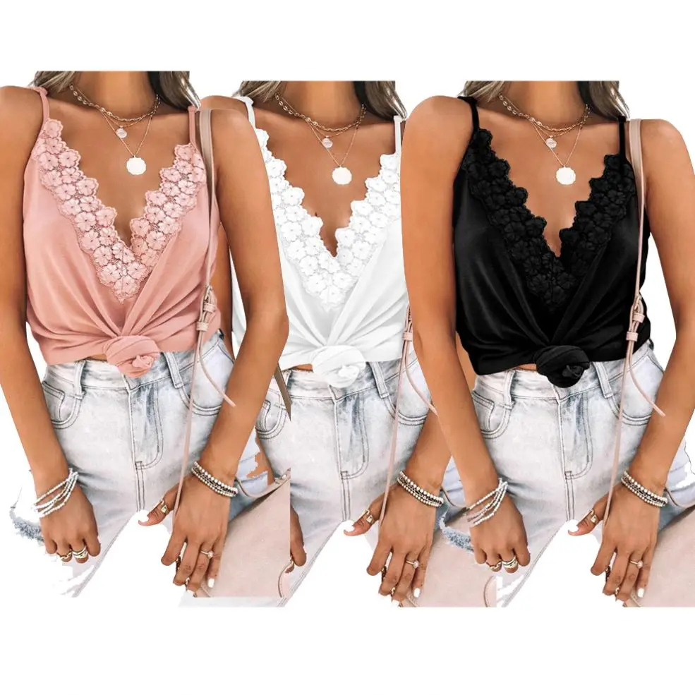 

MISS Good Quality Summer Spaghetti Strap V-Neck Patchwork Lace Tops Woman Sexy Plain T-Shirts Vest