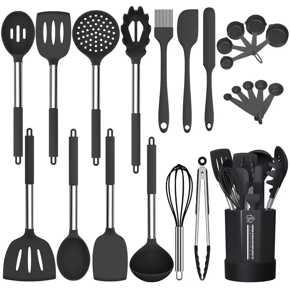 

Heat Resistant Silicone Kitchen Utensil Set 24Pcs Silicone Support For Spoon And Utensils, Black pink green