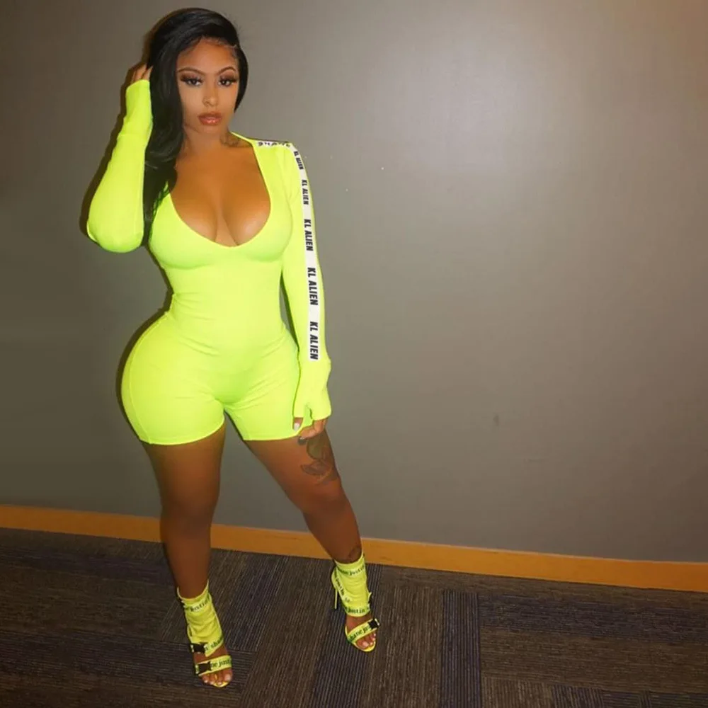 women fitness skinny playsuit sexy v-neck long sleeve letters print bodysuit rompers good elastic slim short jumpsuit