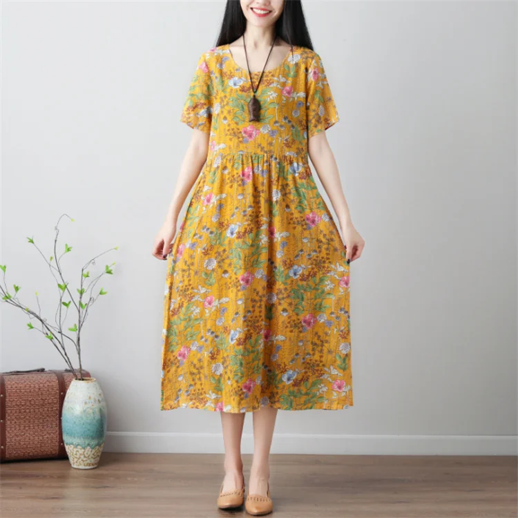 Ximandi Women Print Cotton Linen O-Neck Plus Size Short Sleeve Pocket Loose Summer Dress Casual Korean Style Dresses 