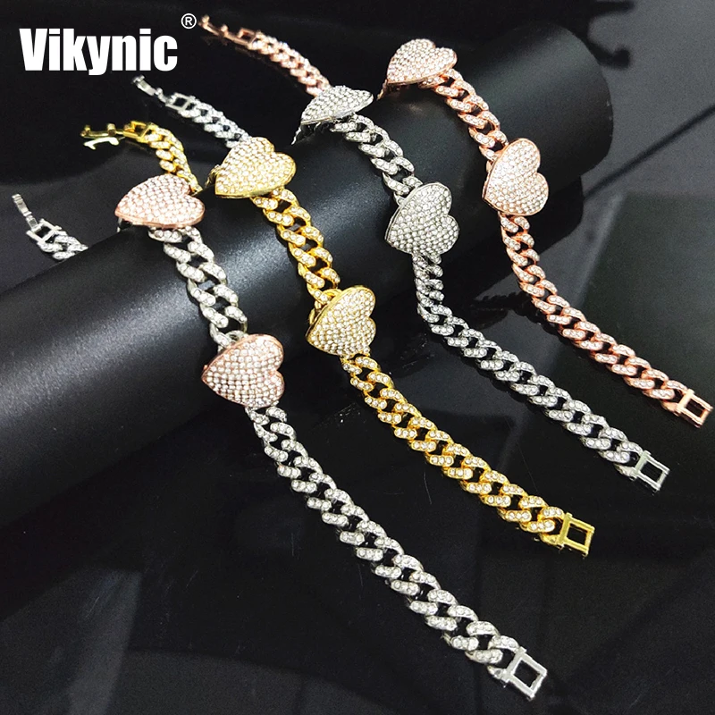 

Hip Hop Gold Plated 8mm Diamond Chain Two Heart Cuban Link Chain Cubic Zircon Iced Out Chain Cuban Link Anklet