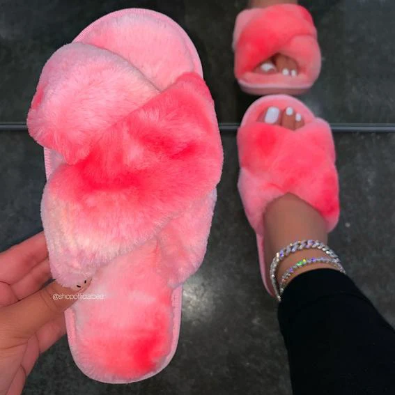 

2020 Ladies Winter Fashion Rainbow Color Tie Dye Slippers For Women Cross Upper Fur Plush Flat Slippers Home Open Toe Slippers, Yellow, red, blue, rainbow
