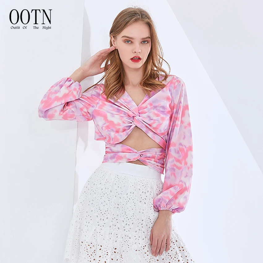 

OOTN Women V Neck Lantern Long Sleeve Backless Print Shirt Female Fashion New Clothing 2021 Hollow Out Short Blouse For Women