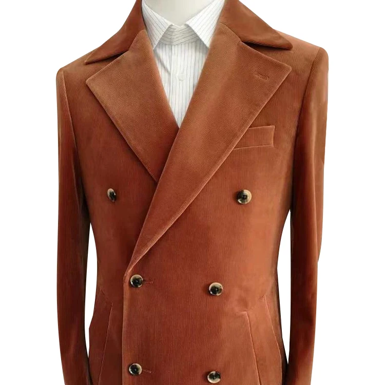 wholesale custom fabrics wool solid orange Italian velvet men suit double breasted man suit