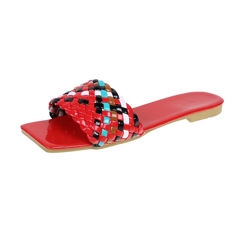 

INS Hot Sale Summer Women Slippers Square Toe PVC Clear Sandals PU Plaid Slippers Outdoor Slippers
