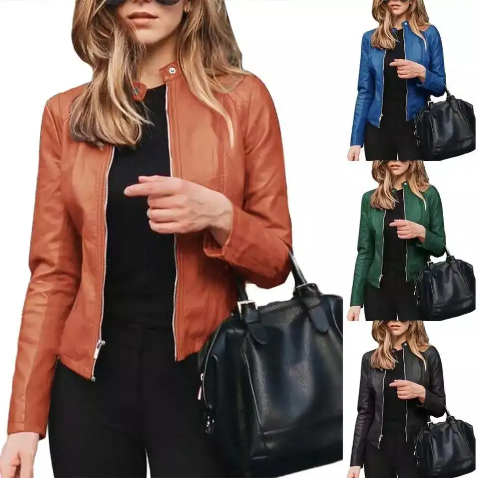 

Women Autumn Winter Solid Color Stand Collar Faux Leather Zipper Slimming Coat Jacket coat Women Coats Long Sleeve Basic Jackets