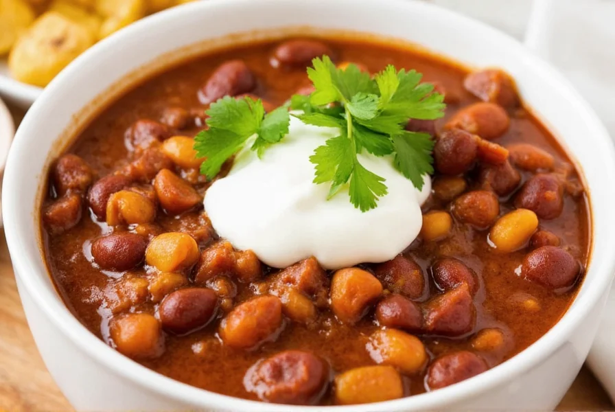 Finished spicy slow cooker chili in bowl with toppings like sour cream and cilantro