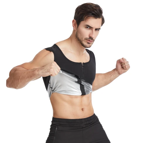 

Hot Sale Men's Sleeveless Fitness Top Tank Waist Trainer Vest With Inner Silver Coating, Black