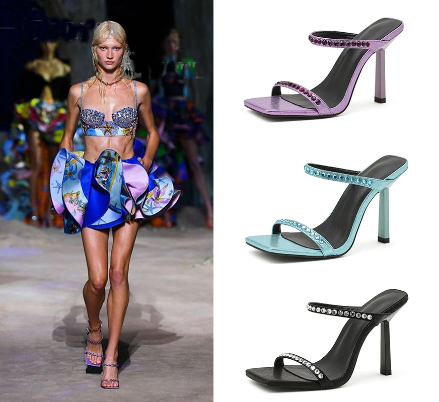 

2022 summer new diamond square head horizontal belt thin heel high heel fashion women's cool size 42