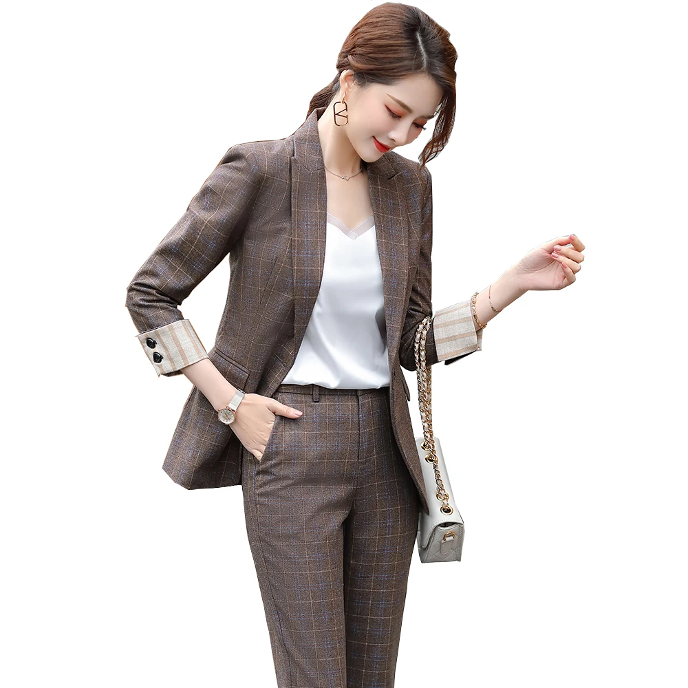 

2021 Latest Black Yellow Coffee Gray Plaid Women Pant Suit Ladies Jacket Blazer And Trousers 2 Piece Set, Yellow;gray;black;coffee