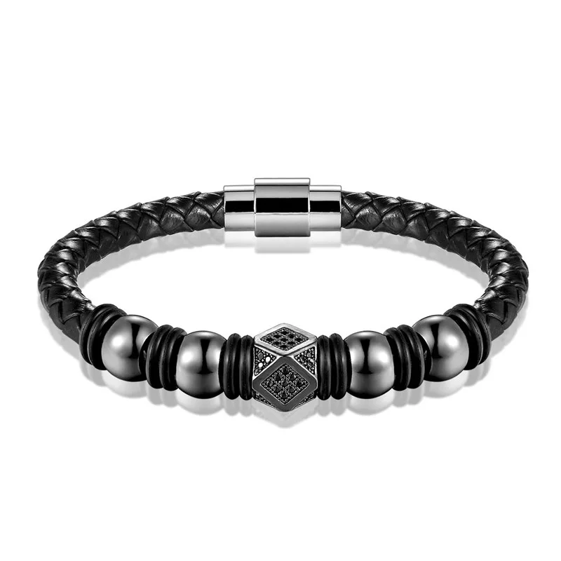 

2022 New Arrived Fashion Customized Black Gemstones Zircon Magnetic Buckle Leather Bracelet For Father's Day Best Gift Jewelry, See picture