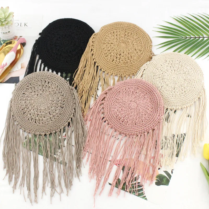 

Round Shape Handmade Macrame Beach Bags with Fringes Bohemian Purse