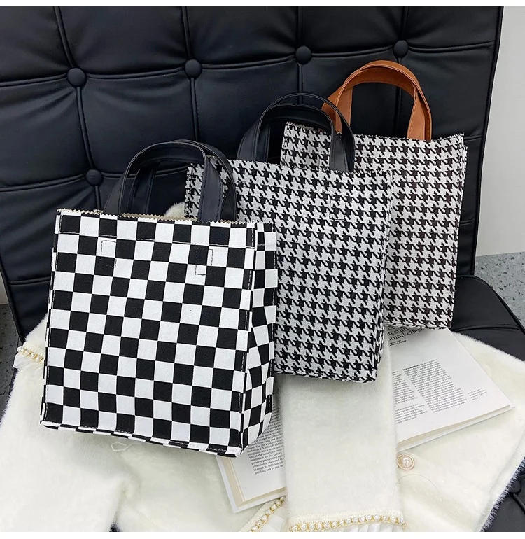 

2022 new fashion thousand bird grid Canvas Handbag British Vintage grid pattern large capacity tote bag for women, Black, brown, white