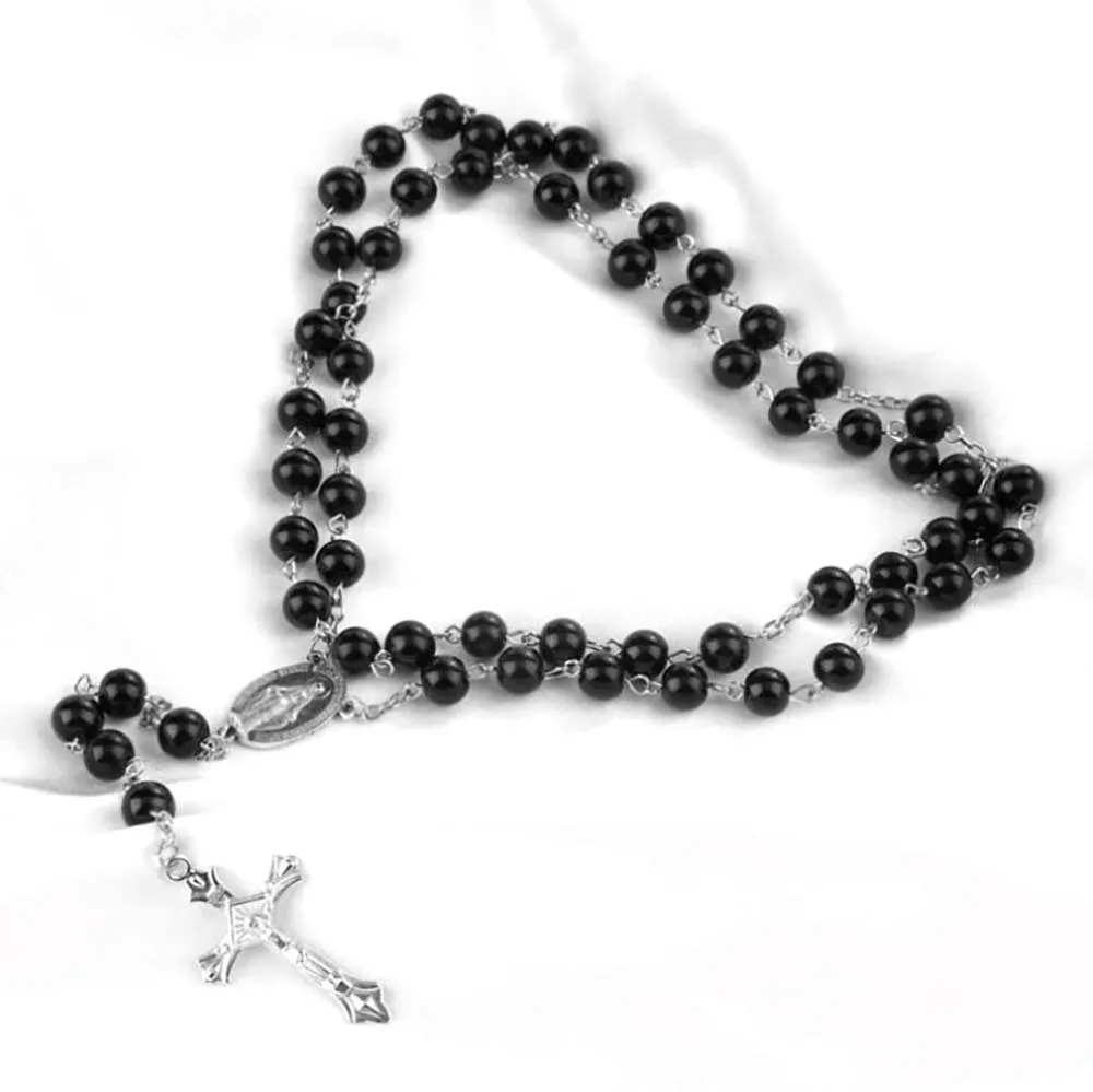 

8mm Catholic Cross Rosary Hand Strung Glass Bead Finger Chain Prayer Necklace