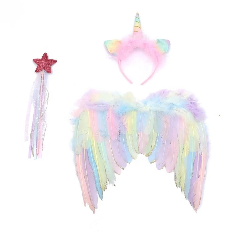 

Custom Fancy Little Girls Cosplay Feathers Wings Unicorn Hairband Fairy Princess Costume For Kids