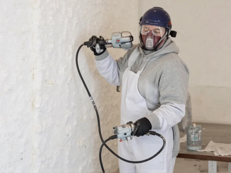 DIY spray foam application showing proper respirator and protective gear